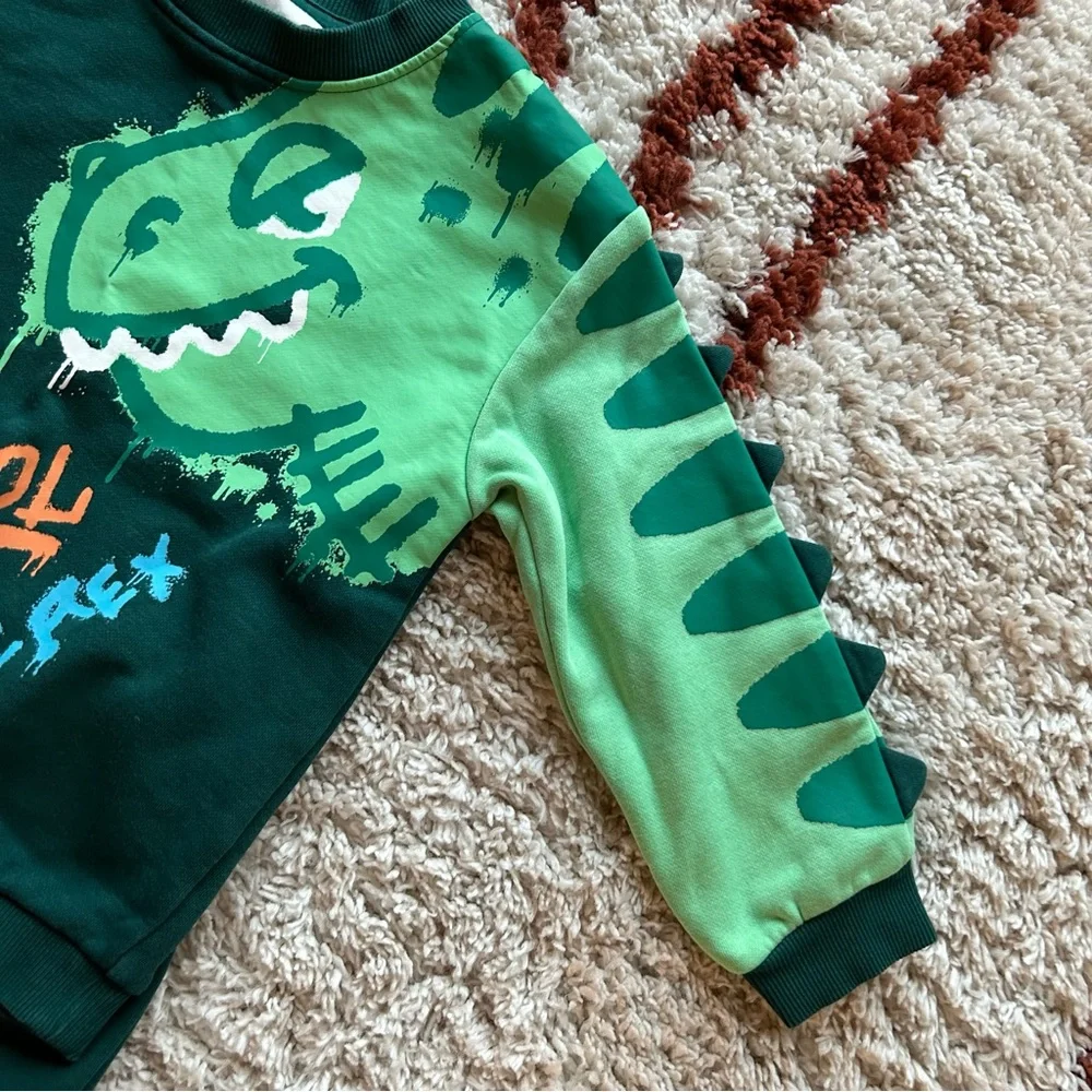 H&M Cool T-Rex Dino Graphic Cotton Terry Sweatpant Top Outfit Dark Green Size 4T